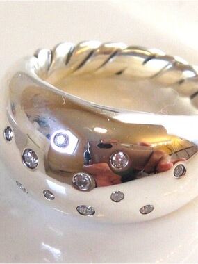 DAVID YURMAN SS PURE CABLE DIAMOND RING Chunky Silver Dome Ring wDiamonds
